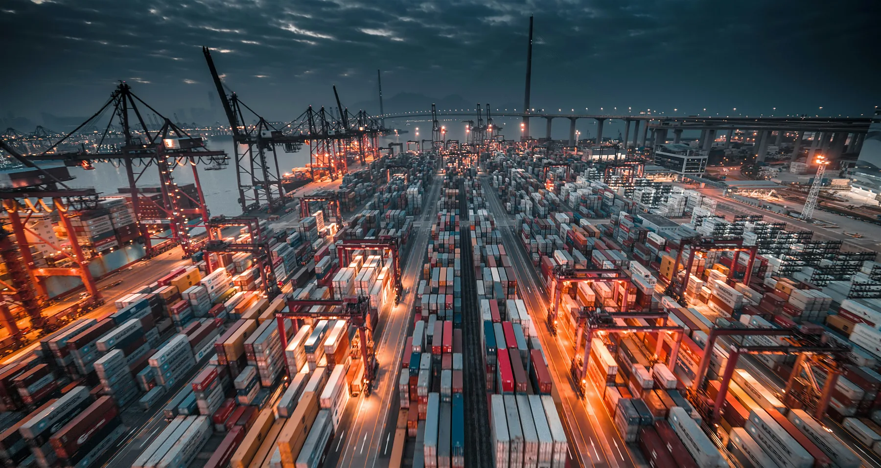 Cargo movement at a port at night