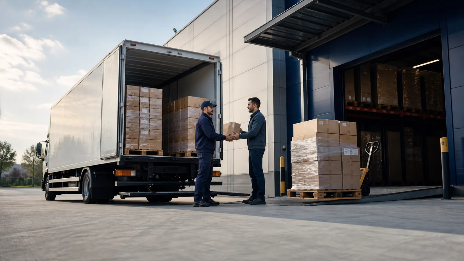 A logistics truck completing delivery at the consignee warehouse