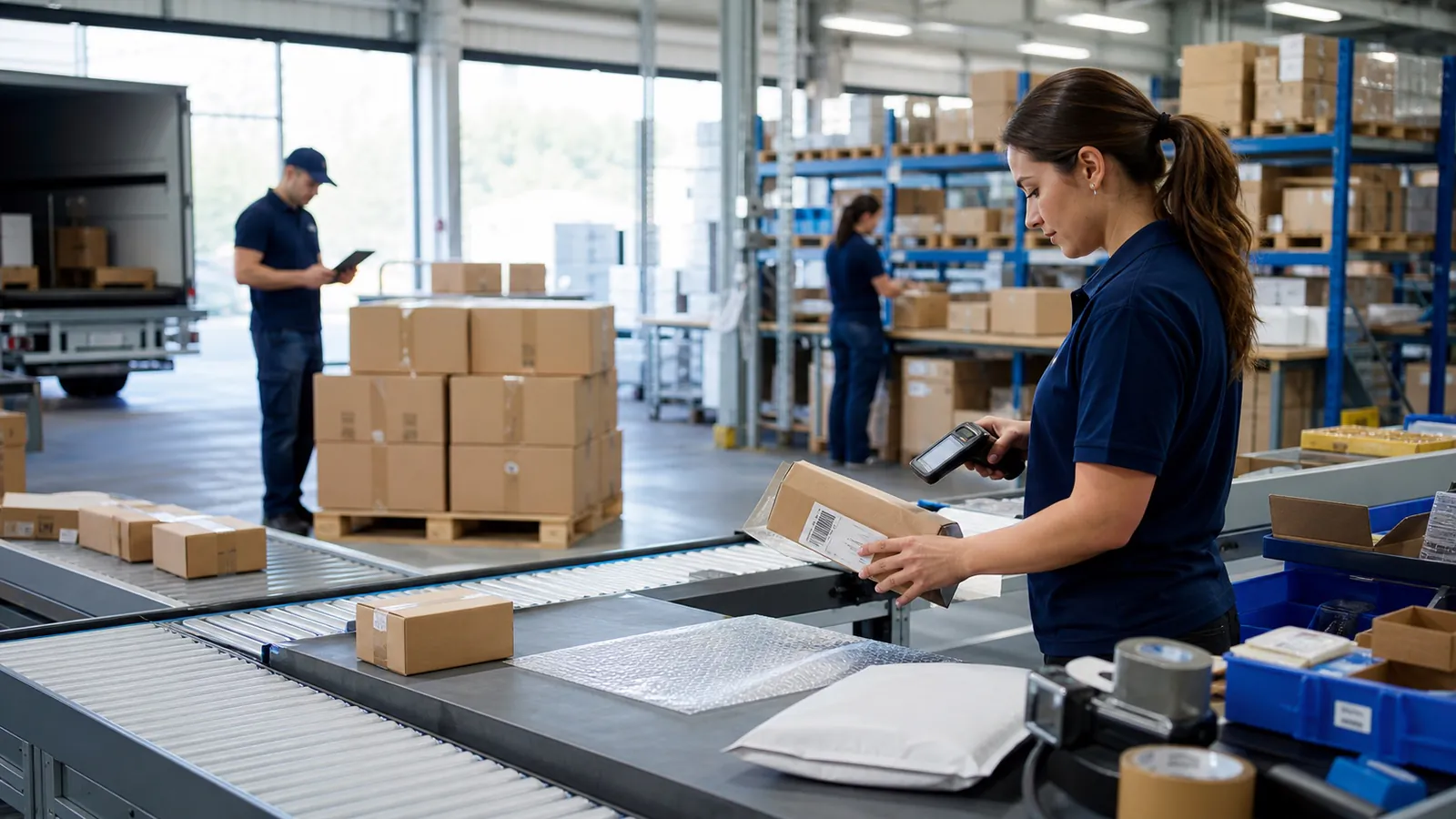 Parcel scanning and outbound operations in an e-commerce fulfillment center